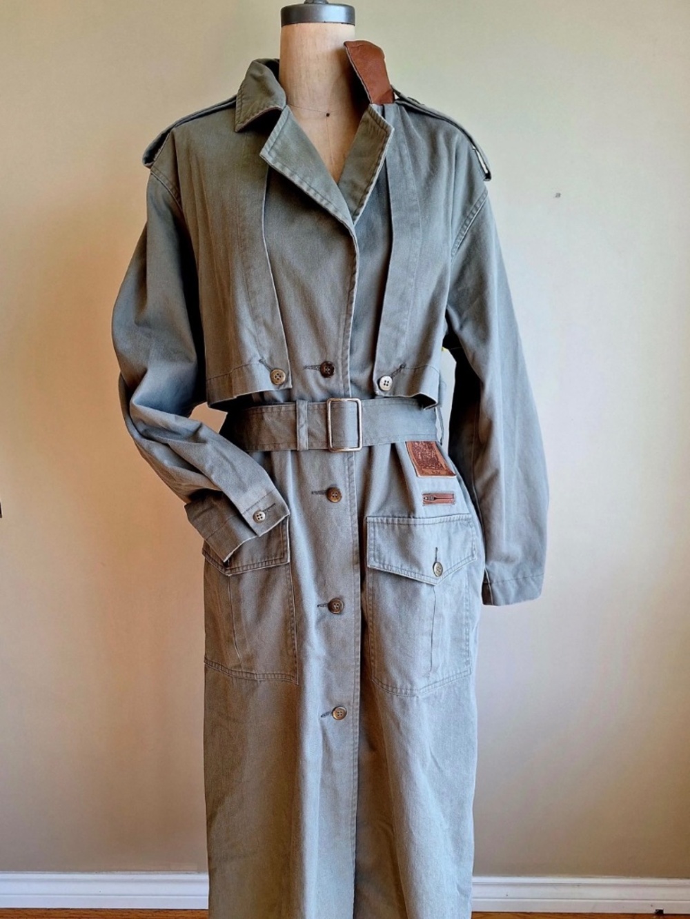 Vintage Together! Women's Military Style Trench Coat, Green Belted Leather Trim